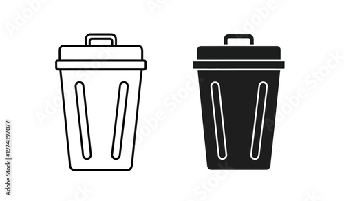 Two trash cans one black and one white with handles on top for waste management and organization purposes in a simple design