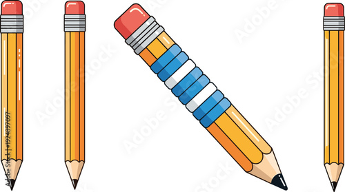 Realistic Wooden Pencil Set with Eraser and Sharpened Tip, Colorful School Stationery Vector Illustration Isolated on White