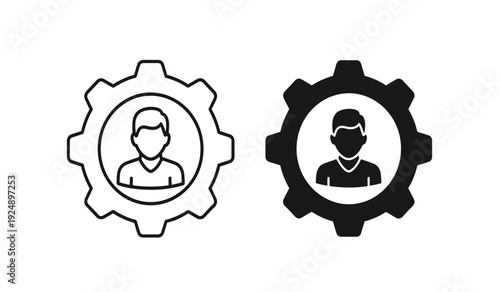 Black and white gear icons with masked people inside