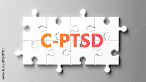 C-Ptsd complex like a puzzle - pictured as word c-ptsd on a puzzle pieces to show that c-ptsd is complex and needs cooperating pieces that fit together. ,3d illustration