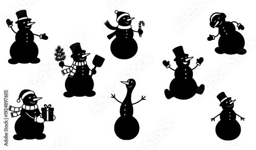 Playful Snowman Silhouette Collection with Winter Accessories Black Vector Isolated on White