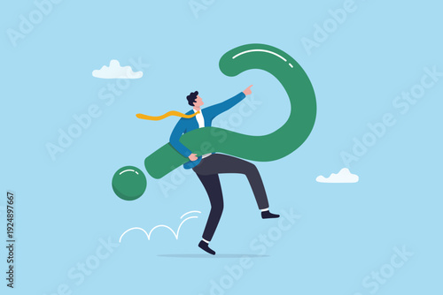 Work with uncertainty, mysterious question or doubt, make decision from solution to solve problem, dilemma, confusion or curiosity concept, businessman holding big question mark sign win confidence.