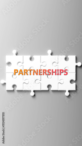 Partnerships complex like a puzzle - pictured as word partnerships on a puzzle pieces to show that partnerships is complex and needs cooperating pieces that fit together. ,3d illustration