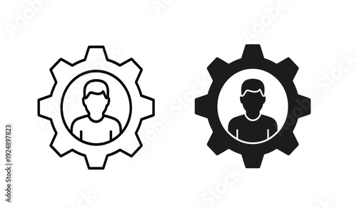 Black and white line icons of gear with a person inside, representing teamwork and mechanical engineering concepts