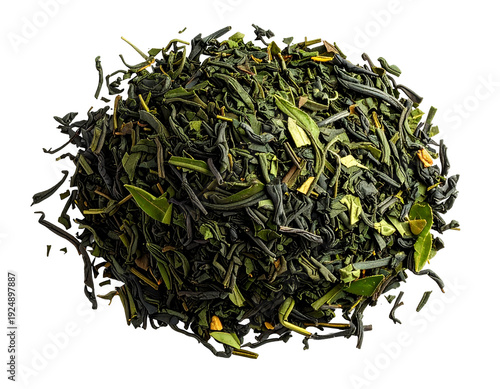 A close-up of loose-leaf tea with dark and light green dried pieces