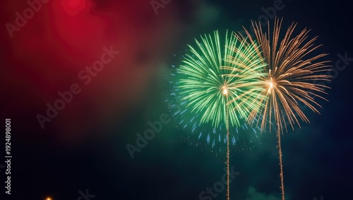 A vibrant nighttime display showcasing exploding pyrotechnics with green, gold and red hues against the black sky