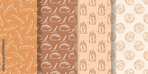Set of seamless patterns on theme of bread and baking. Backgrounds with linear illustrations of loaves, baguettes, buns, pretzels, bread. Collection of prints for packaging, paper, covers, bakeries, d