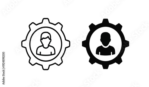 Two gear icons with human profiles in black and white on a pure for business or technology concepts