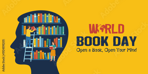 World Book Day banner. Human head silhouette filled with bookshelves and people reading inside. Creative concept for World Book Day with the quote “Open a Book, Open Your Mind.”