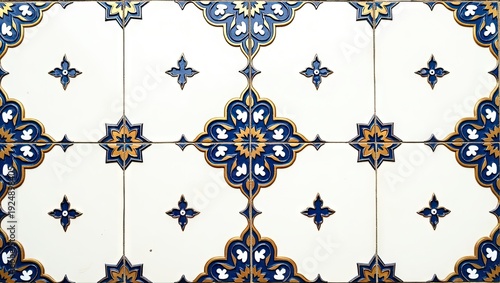 Close-up of ornate ceramic tiles with intricate blue, gold, and white geometric patterns