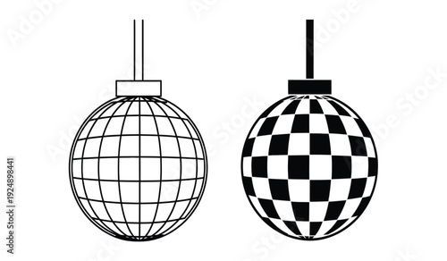 Two disco balls with different patterns hanging from strings