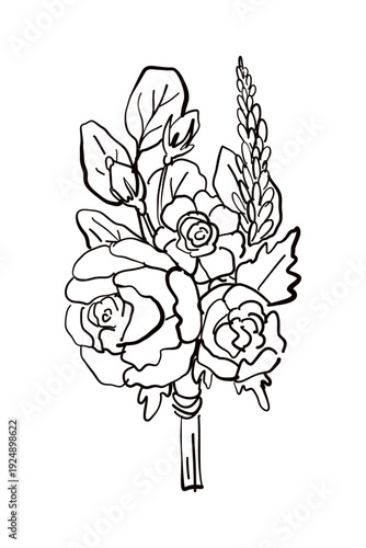 Simple hand drawn ink wedding bouquet. Illustration for wedding invitation, menu and party