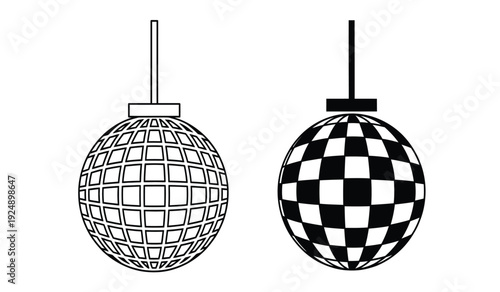 Two disco balls with different surface patterns hanging from a ceiling