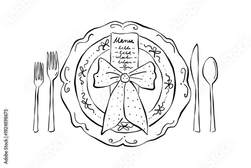 Dinner plate setting , for wedding party invitation, menu. Sketch vector illustration.