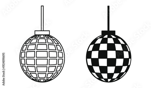 Black and white illustration of two disco balls hanging from strings