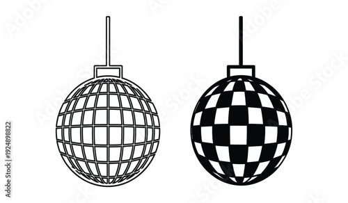 Black and white illustration of two disco balls hanging from strings