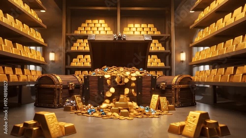 Gold bars and coins in vault.