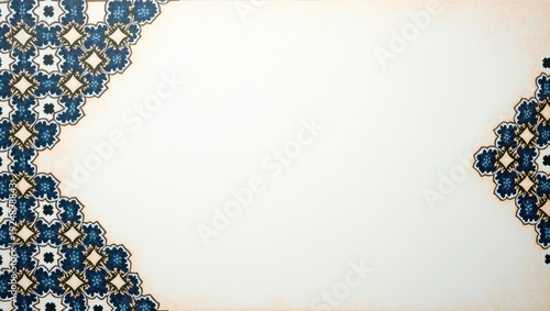 Ornamental border design featuring blue and gold geometric patterns on a textured, off-white background.