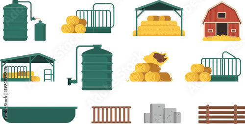 Agriculture and farm equipment set with barn, hay bales, water tank, livestock feeder and rural shelter isolated on white background for farming design