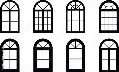 Arched window icon set with classic half round frames, vintage architectural shapes and multiple pane designs isolated on white background