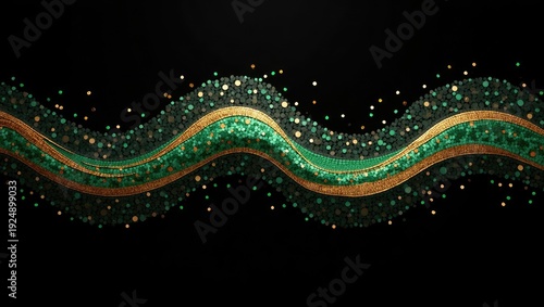 An elegant, abstract design featuring a wavy gold ribbon with emerald sparkles, against a black background.