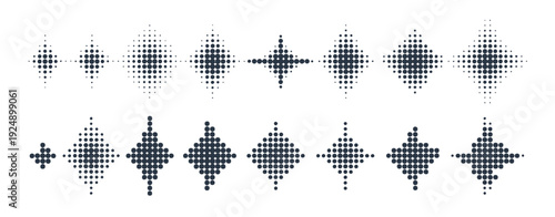 Media Player Icons with Halftone Gradient Dots, vector set featuring play, pause, stop, and control buttons, retro-style interface symbols, video and audio navigation elements, isolated on white