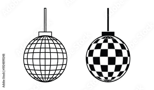 Black and white illustration of two disco balls with different patterns hanging from cords
