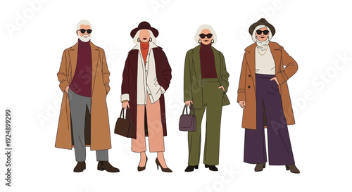 A diverse group of stylish elderly individuals showcasing fashionable autumn and winter attire, including coats, hats, and accessories.