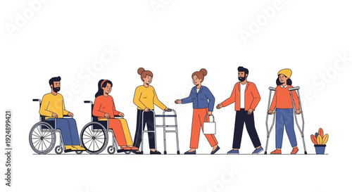 Diverse group of people with disabilities and caregivers interacting in a supportive community setting.