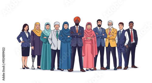 A diverse group of professionals standing together, representing various ethnicities, ages, and religious backgrounds.