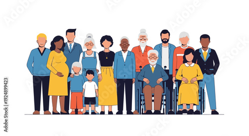 A diverse group of people of various ages, ethnicities, and abilities standing together, representing community and inclusion.