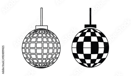 Two disco balls hanging from ceiling, one mirrored and one checkered