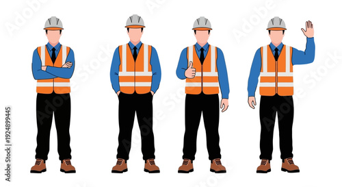 Four construction workers in safety vests and hard hats, standing in different poses.