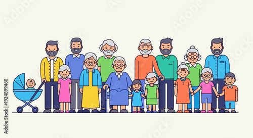 A diverse multi-generational family portrait featuring adults, children, and a baby in a stroller, standing together.