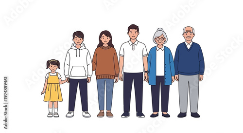 A diverse multi-generational family stands together, showcasing different ages and styles of clothing.