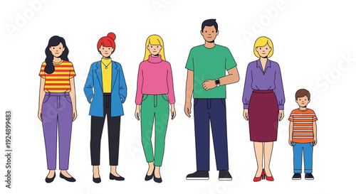 A diverse group of six people, including men, women, and a child, standing together in a line against a white background.