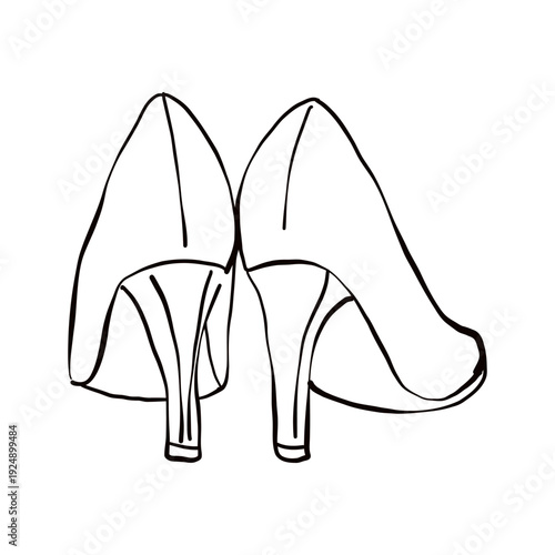 Hand drawn simple sketch of a high heel shoes with pointed toe and stiletto heel. Isolated vector illustration on white background. Rear view