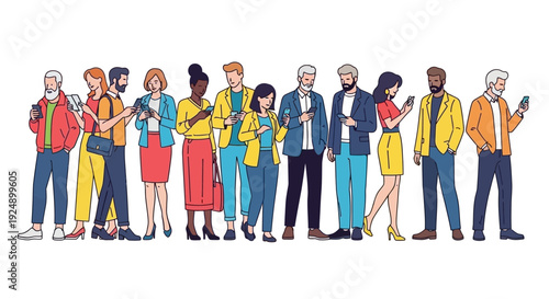 A diverse group of people of various ages and ethnicities standing in a line, each engrossed in their smartphones.