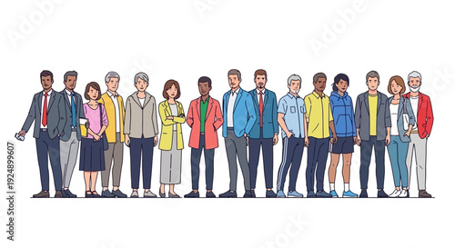 A diverse group of men and women of various ages and ethnicities standing together in a line.