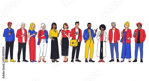 A diverse group of people of various ages and ethnicities standing in a line, each holding a smartphone and looking at it.