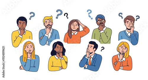 A diverse group of people are shown with question marks above their heads, indicating confusion or deep thought.