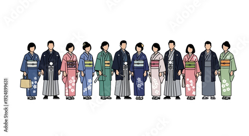 A diverse group of people dressed in traditional Japanese kimonos and yukatas, showcasing various colors and patterns.