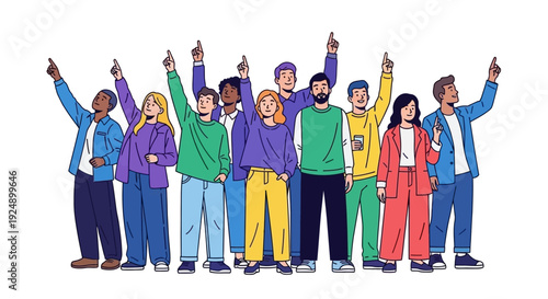 A diverse group of people standing together and pointing upwards with their index fingers.