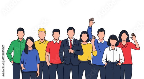 A diverse group of people standing together, some waving, in a colorful illustration.