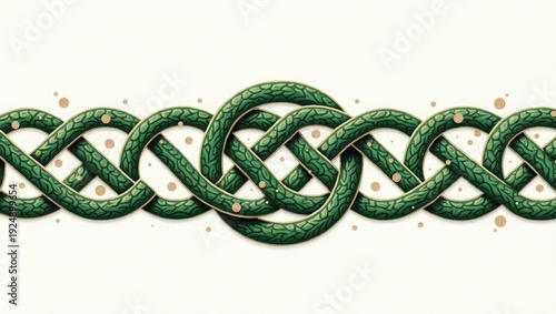 Intricate interwoven design of interconnected Celtic knots with green textured patterns outlined in gold, against a cream backdrop
