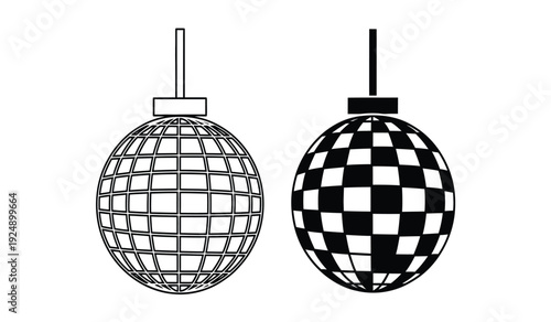 Two disco balls with different surface patterns hanging from a ceiling