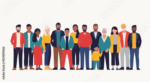 A diverse group of people of various ages and ethnicities standing together in a line against a white background.