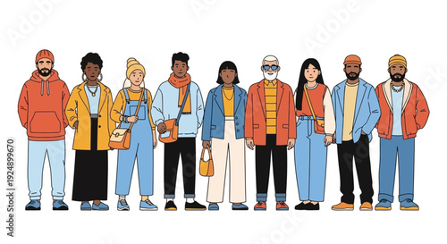 A diverse group of nine people of various ages, genders, and ethnicities standing together in a line.