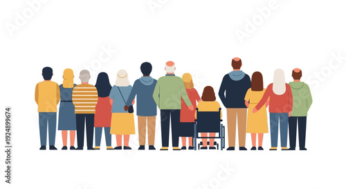 A diverse group of people of various ages and abilities standing together, viewed from behind.