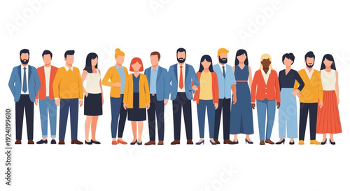 A diverse group of men and women standing together in a line, showcasing a variety of ages, ethnicities, and styles of dress.